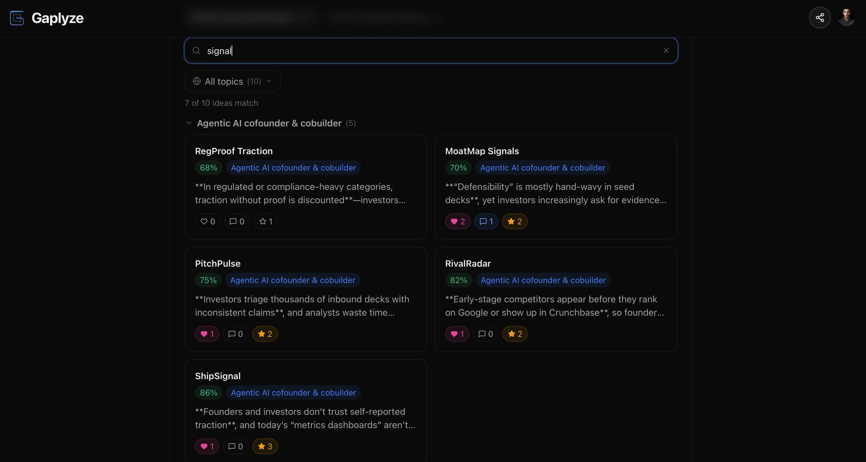 Gaplyze Idea Hub and Niche Hub community features with founders discovering and validating ideas collectively