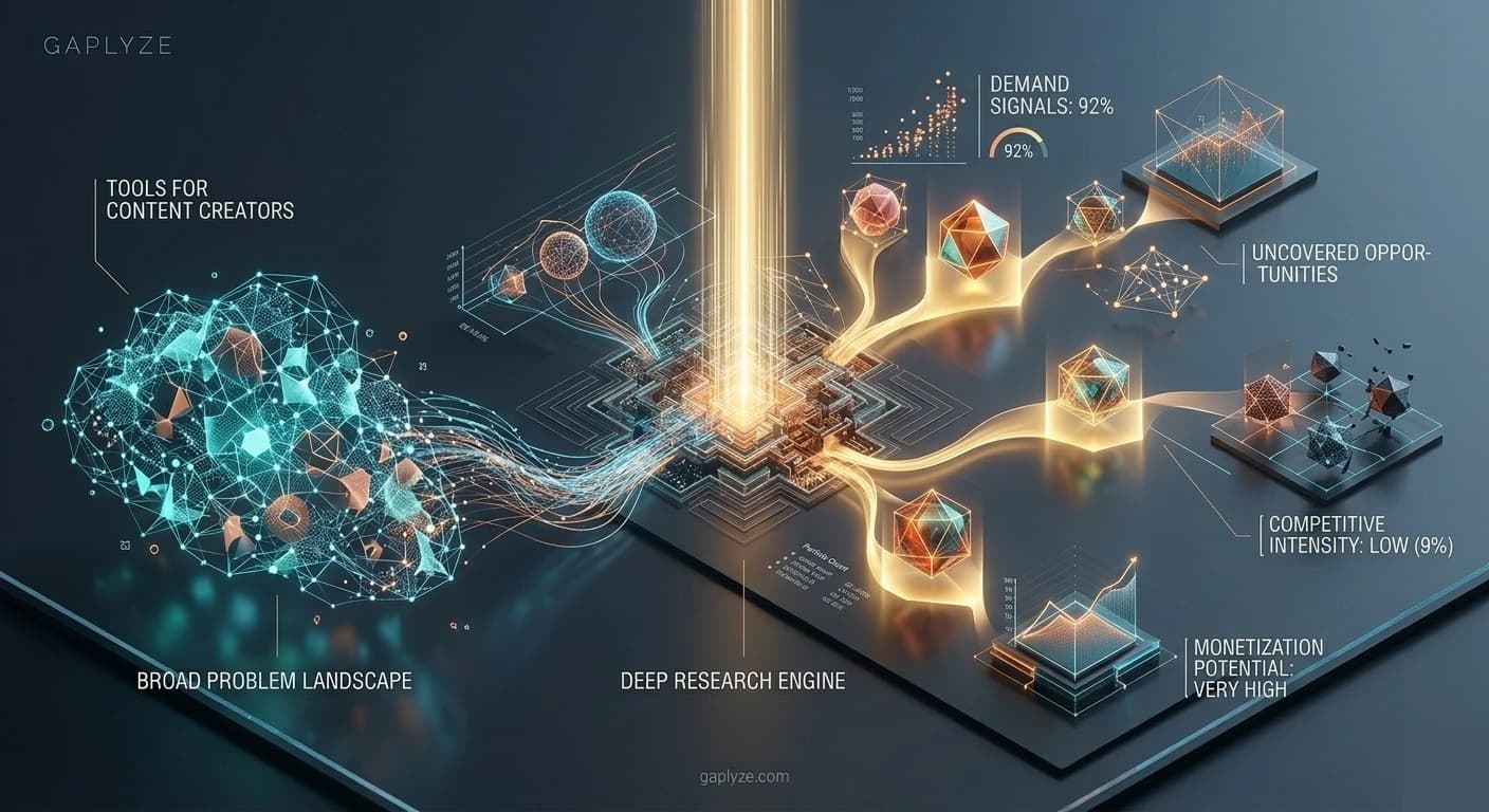 Gaplyze Market Gap Analyzer dashboard with multiple intelligence components revealing market opportunities